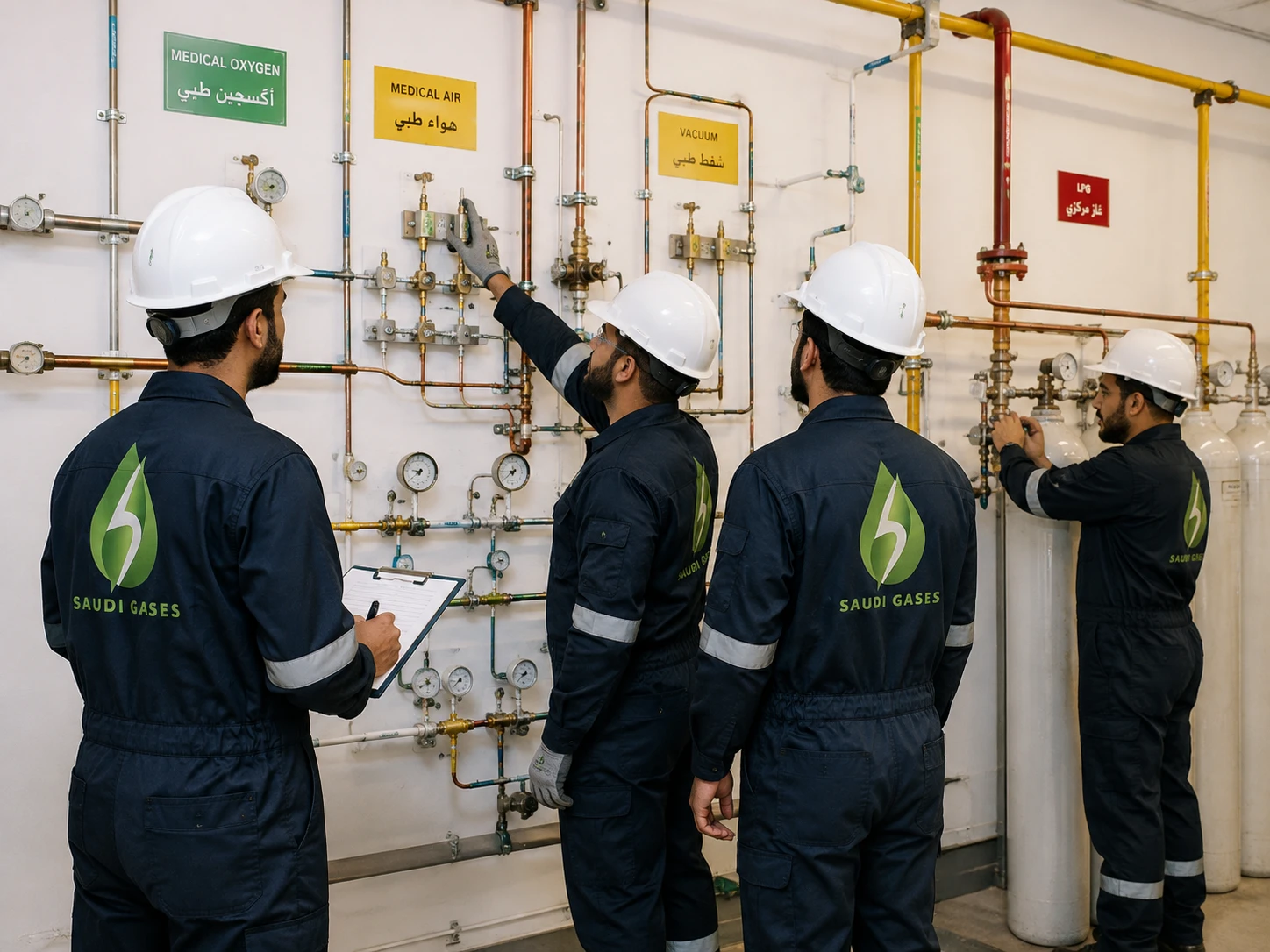 فريق المهندسين والفنيين أثناء فحص شبكة غازات طبية